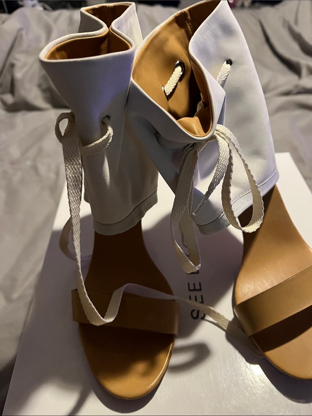See By Chloe White Lace-Up Ankle Wrap Heels with Tan Footbed